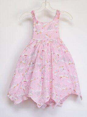 Isaac Mizrahi Girls Pink Unicorn Rainbow Dress Size 7 Handkerchief Hem Lined